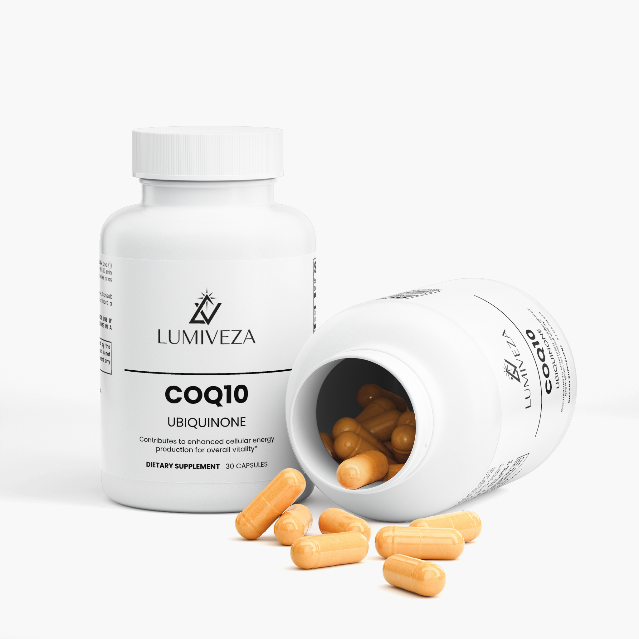 A white bottle of LUMIVEZA COQ10 Ubiquinone dietary supplement, with one bottle standing upright and another tipped on its side showing orange capsules inside, with a few capsules scattered in front on a light gray background.