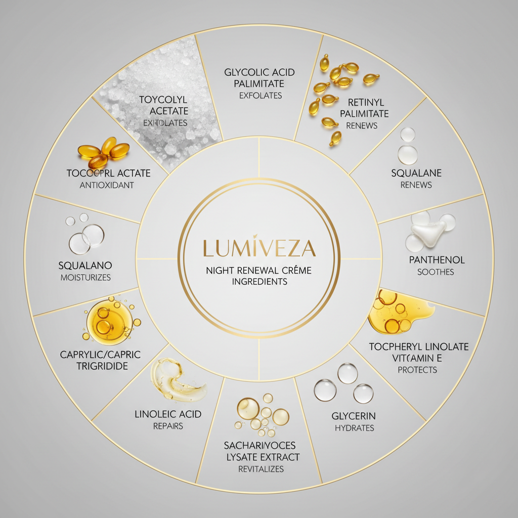 Night Renewal Creme 10 key ingredients and benefits in circular layout