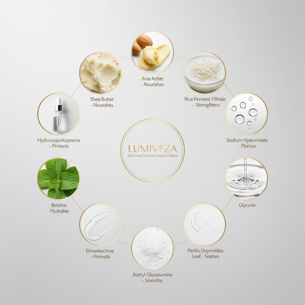 Soothing Emulsion 10 key ingredients and benefits in circular layout