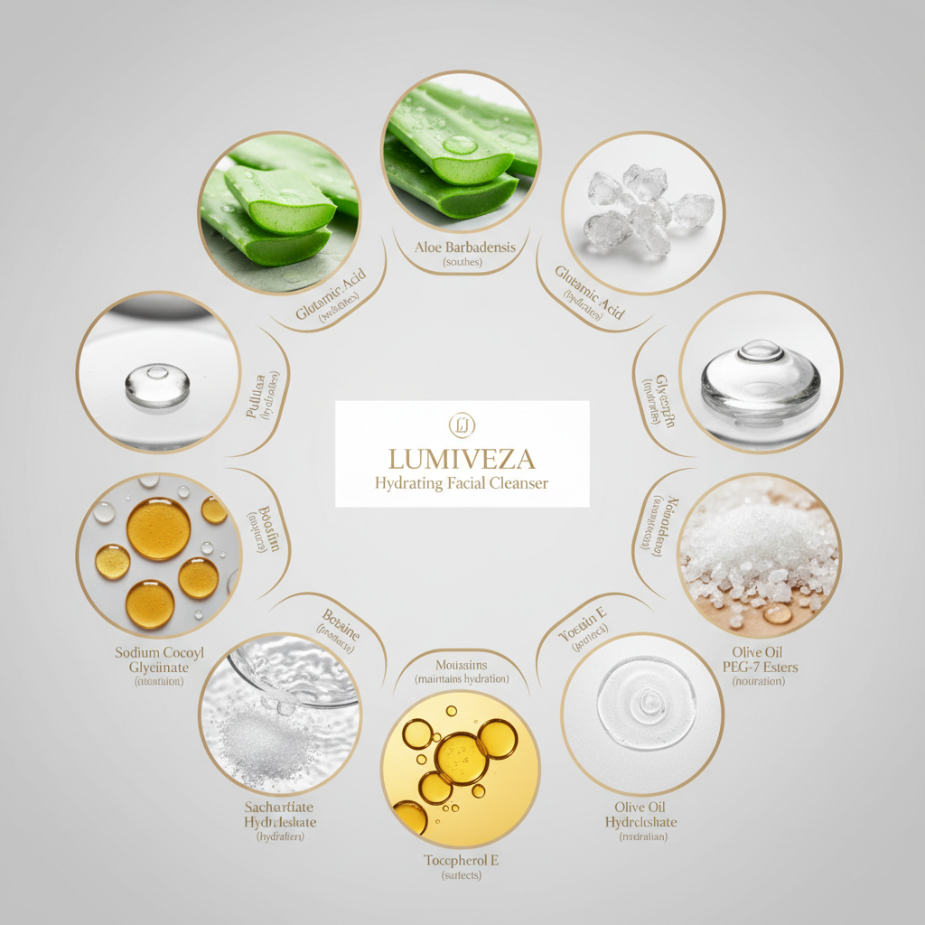 Hydrating Facial Cleanser 10 key ingredients and benefits in circular layout